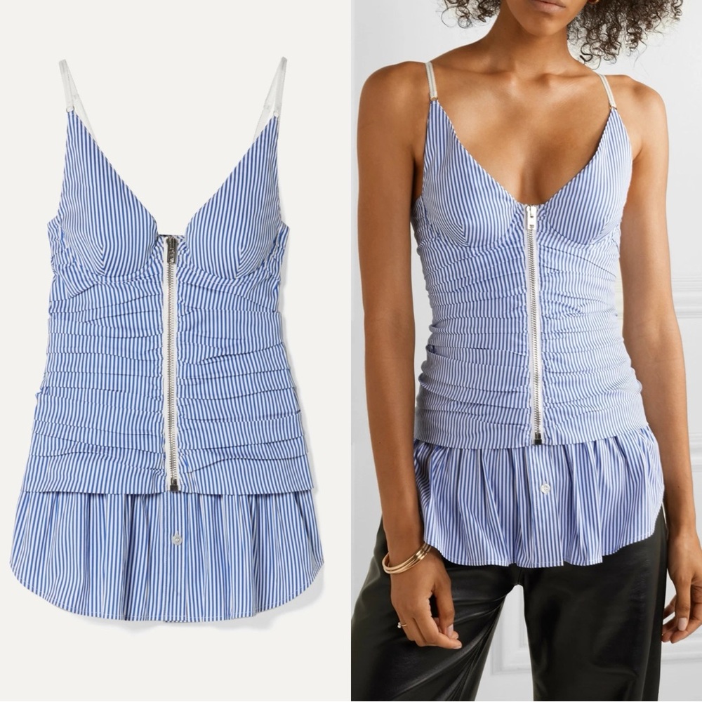 Alexander Wang ASO Dua Lipa Blue and White Ruched Zipper Tank Top